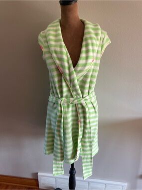 Betsey Johnson Green and White Striped Terry Shawl-Collar Robe